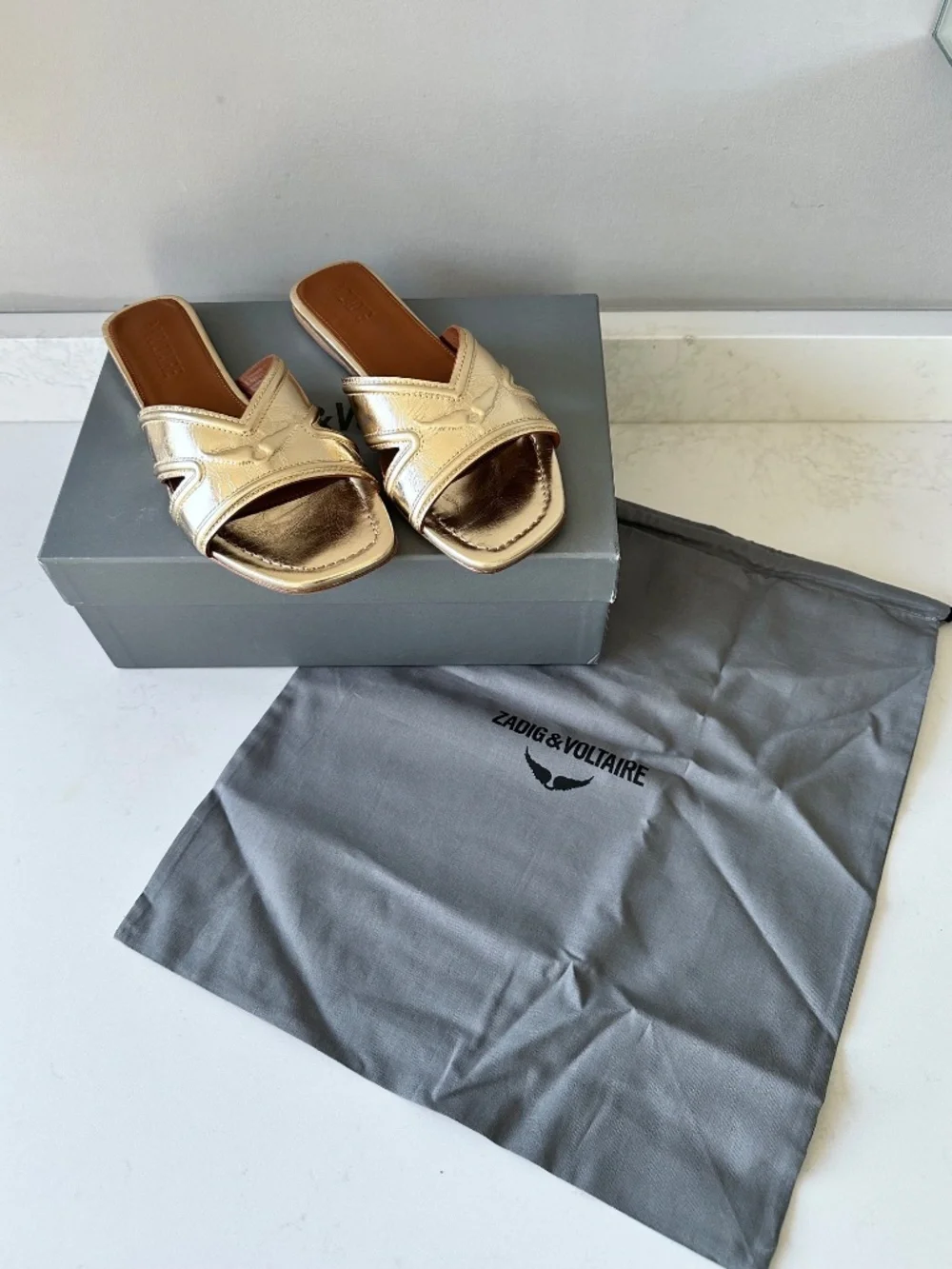 NIB | Zadig & Voltaire | Women's Azora Gold Metallic Leather Slide Sandal - Picture 7 of 12
